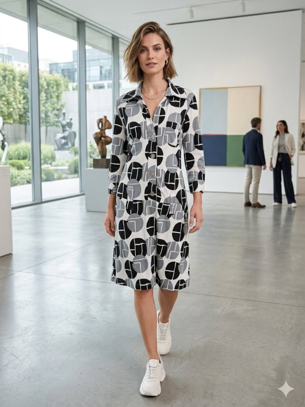 Tempo Paris Women Small Size Gray Geometric Print 3/4 Sleeve Front Pocket Dress